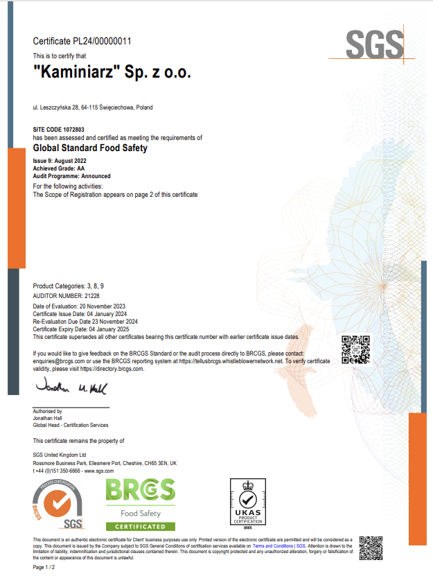 Poland Bacon Manufacturer Kaminiarz BRC 8 certificate 2021